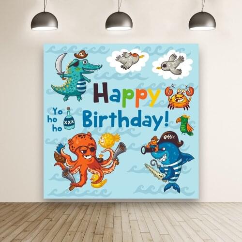 Pirate Style Marine Life Custom Vinyl Photo Blue Background Studio Cartoon Decors Birthday Baby Shower Banner Backdrops