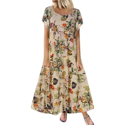 Womens Long Dress Plus Size Casual Short Sleeve Boho Retro Cotton Linen Print Maxi Dress Casual Loose Beach Sundress Vestidos