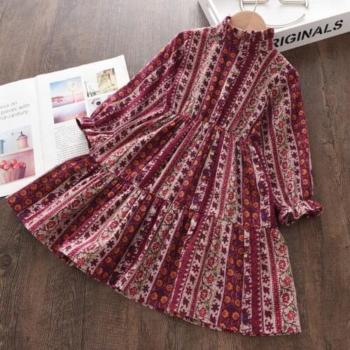 Girls Dresses Vintage Floral Print Long Sleeve Party Costumes Spring Autumn Princess Vestidos Ruched A-Line Children Clothes