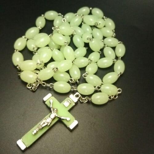 QIGO Luminous Rosary Necklace Long Plastic Beads Cross Religious Jewelry