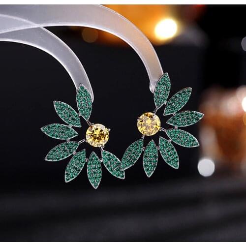 Green Flower Earrings Crystal Jewelry 2021 Brand Designer Fashion Zirconia Petal Stud Earring 925 Silver Pin Elegant Earings