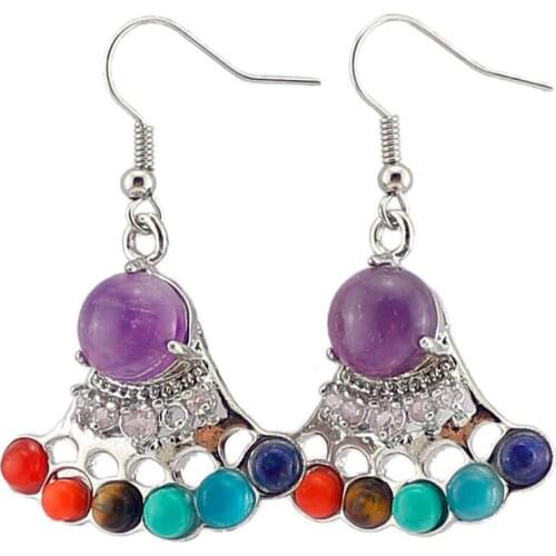 Crown 7 Chakra Womens Drop Earrings Lnlaid With Natural Stone Crystal Hook Earrings Seven Chakra Reiki Healing Charm Jewelry