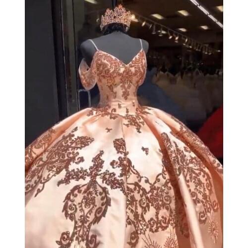 Vestidos De XV Años Quinceanera Dress 2021 Pink Rose Gold Sequin Lace Spaghetti Straps Ball Gown Prom Dress Sweet 16 Party Gown