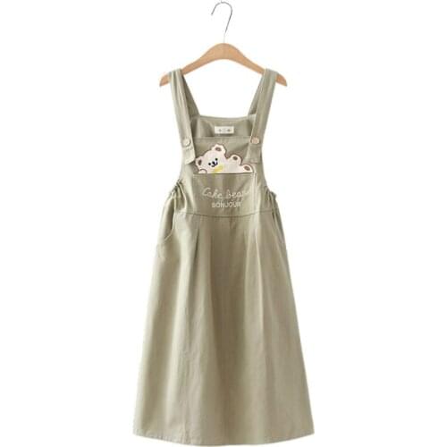 Women Suspender Dress Cute Pocket Cartoon Bear Embroidery 2020 Summer Sweet Style Mini Dresses Students Bodycon Vestidos Mujer