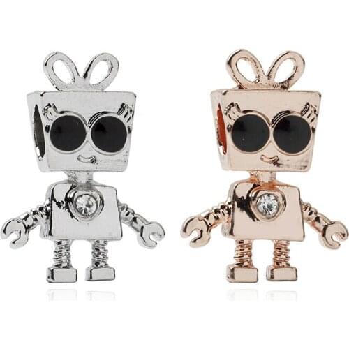 5PCS HTevak Original Rose Gold/Silver Color Bella Bow Robot With Crystal Sunglasses Beads Fit DIY Girl Bracelet Jewelry