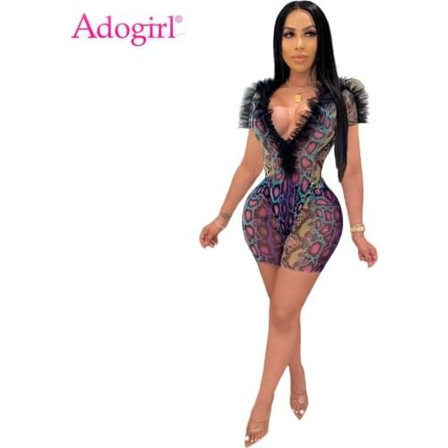 Adogirl Snakeskin Print Sheer Mesh Ruffle Two Piece Set Jumpsuit Sexy Deep V Neck Short Sleeve Bodysuit Top Shorts Playsuit