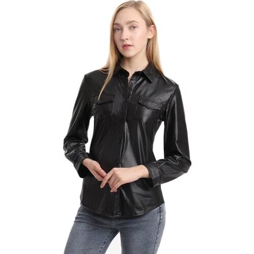 Nightclub Womens Sexy Womens PU Leather Long Sleeve Shirt Blouse Lady Fashion Striped Casual Top Shirt Elegant Business Shirts