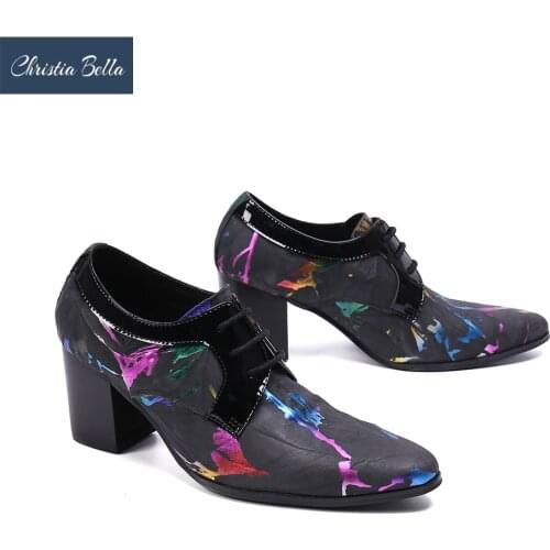 Christia Bella Designer Print High Heel Men Leather Shoes Increase Height Thick Heel Party Dress Shoes Male Dancer Short Boots