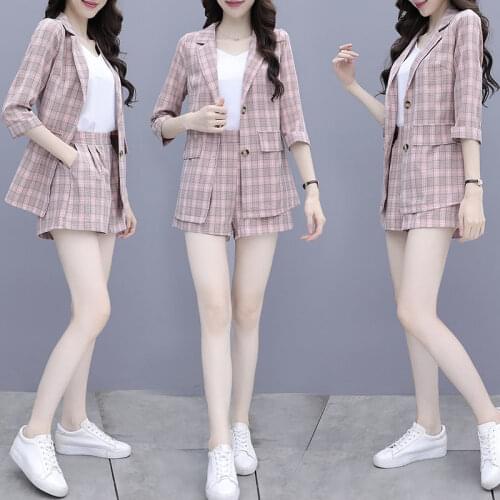 Pant Suits Coat Women Summer New Korean Student Casual Suit Jacket+Short Trousers Suit Female Retro Three Piece Lattice Set
