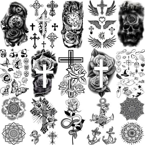 Black Cross Rose Flower Wings Temporary Tattoos For Women Adult Kids Skull Mandala Anchor Skull Fake Tattoo Neck Hands Tatoos