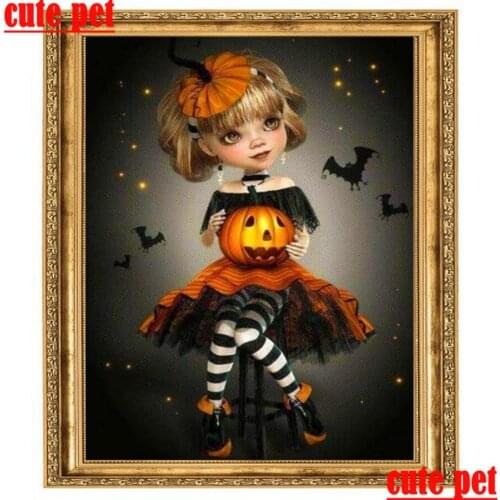 Halloween 5d crossstitch diy Mosaic pumpkin girl diamond embroidery round square drill wallpaper living room decoration No Frame