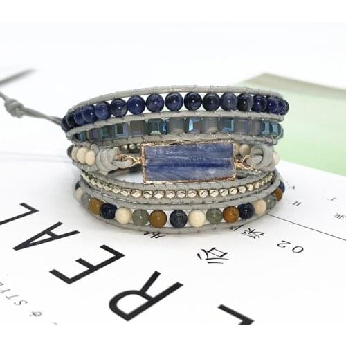 High End Rectangle Kyanite Charm Wrap Bracelet for Friend Women Multi Stone Beaded Boho Bracelets Natural Stone Jewelry Dropship