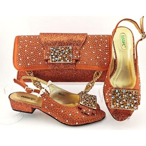 Itlaian Design Colorful Crystal Special African 2021 High Quality Decoration Women Shoes and Bag Set in Orange Color for Party