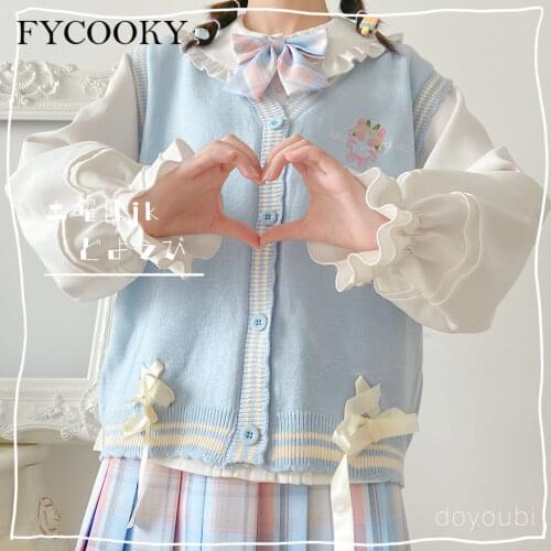 JK Embroidered Knitted Vest Japanese Sweet Bow Sleeveless Sweater Vest 2021 New Bandage V-neck Pullovers Button Sweater Autumn