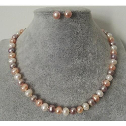 Womens 7-8mm Natura Mixed colors Freshwater Pearl Necklace Earrings Set 18INCH