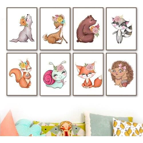 Cute Deer fox bear raccoon wolf snails Poster Nursery Wall Art Print Canvas Painting Wall Pictures Baby Kids Room bedroom Decor