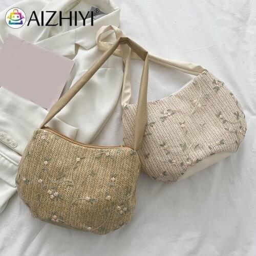 Fashion Women Summer Flowers Woven Shoulder Underarm Bag Casual Ladies Beach Vacation Small Handbags Purse