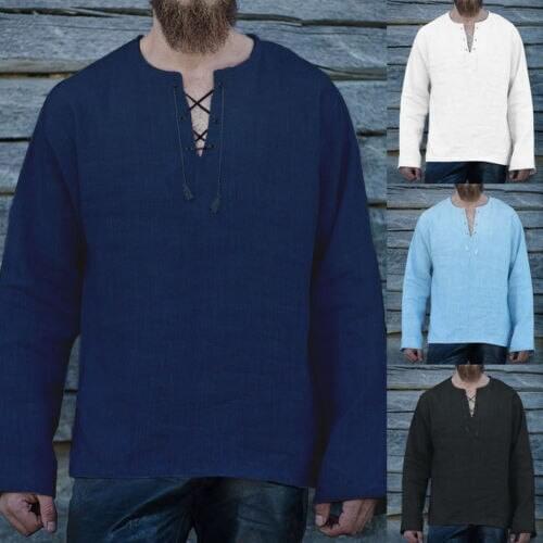 2019 Mens Summer Casual Loose Long Sleeve Fashion V Neck Cotton Linen Solid T Shirt Tee Tops