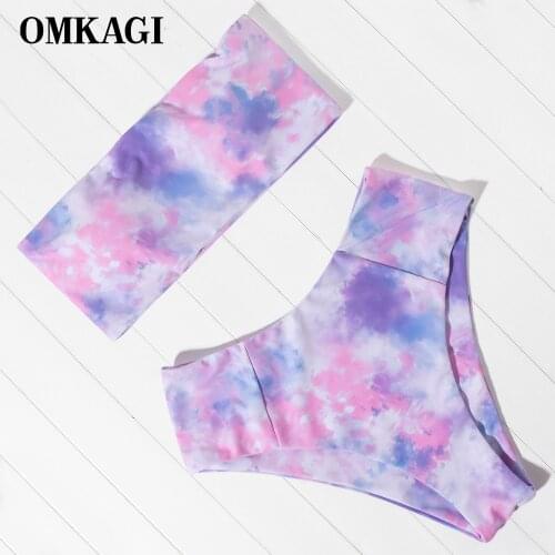 OMKAGI Tie dye Bandeau Bikini High Waist Swimwear Push Up Padded Swimsuit Summer Beachwear Bathing Suit Biquini Female