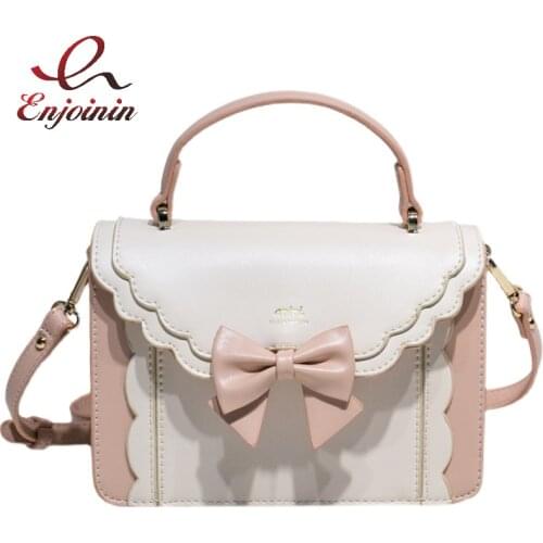 Pink Bow Lolita Handbag for Girls Cute Women Purses Kawaii Totes Female Shoulder Bags Japanese Style Crossbody Bag Pu Leather