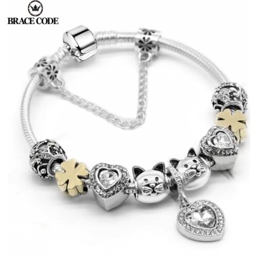 Silver-plated Snake Chain Silver Charm Ladies Bracelet, DIY Golden Lucky And Cute Love Cat,Valentines Day Brand Bracelet Gifts