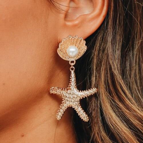 Jouval Boho Ocean Gold Big Starfish Shell Drop Dangle Earrings For Women Lady Fashion Pearl Earring Beach Jewelry Female Brincos
