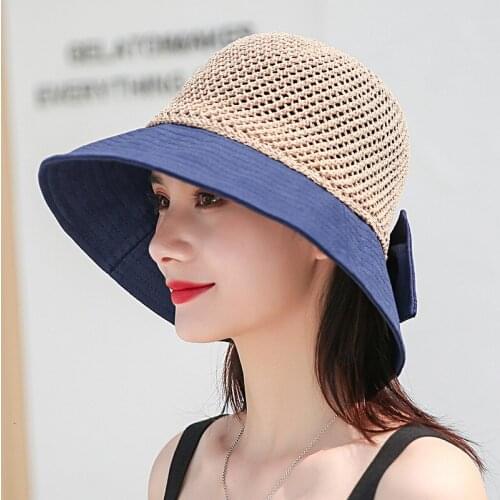 2021 New Bow Sun Hat Cap Wide Brim Floppy Top Summer Hats For Women Beach Panama Straw Dome Bucket Hat Hollow Out Visor Bonnet