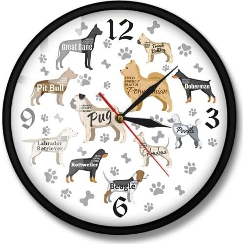 Dog Paws Dog Bones Puppy Dogs Dog Breeds Printed Wall Clock Modern Wall Watch Nursery Kid Room Wall Decor Animal Dog Lover Gift