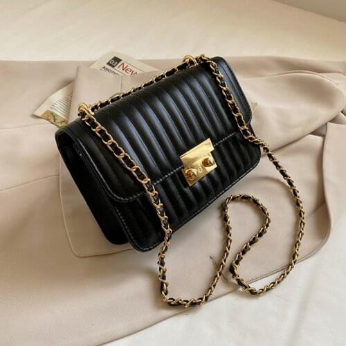 Women Stripe Crossbody Bag Soft Pu Leather Flap Shoulder Bags Female Thick Chain Bag Elegant Ladies Travel Hand Bag Lock Purses