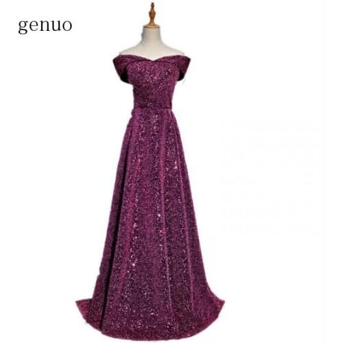 Women Formal Dress Zipper Back Heavy Sequined Boat Neck off shoulderLong Evening Party Dress Vestido De Fest