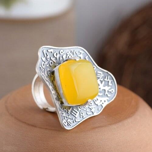 100% Genuine 925 Sterling Silver Ring for Women Vintage Handmade Yellow Chalcedony Gift Ring Thai Silver Jewelry Accessories