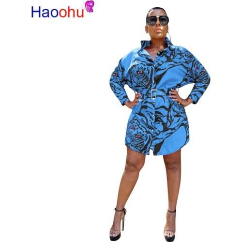 Winter Autumn Women Tiger print above knee long sleeve mini dress Sashes Vintage streetwear shirt dresses sexy vestidos