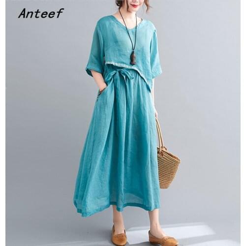 Short sleeve cotton linen vintage embroidery dresses for women casual loose long woman summer dress elegant clothes 2021