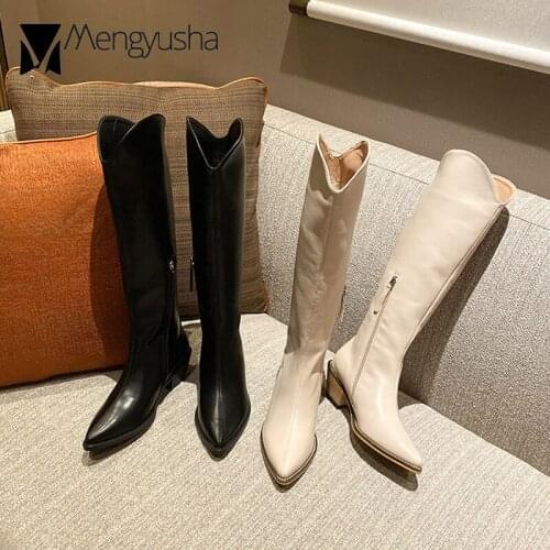 2020 Brand Knee High Boots Women Wood Heels Shoes Stovepipe Botas Slim Leg Solid Leather Footwear Winter Snow Motorcycle Booties