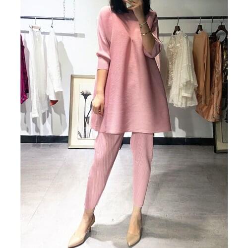 2020 winter women 2 piece outfits temperament high waist Pencil Pants slimming pleated aesthetic set plus size long shirt dress