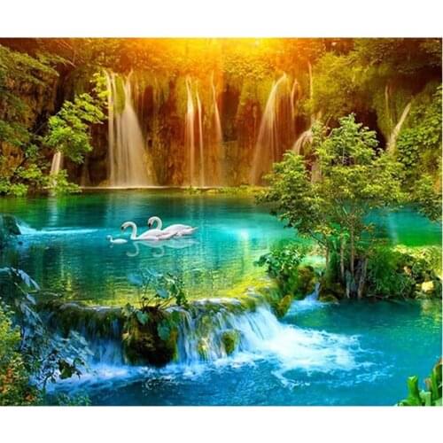 5D DIY Diamond Painting "Landscape Waterfall&Swan" Embroidery Full Round Diamond Cross Stitch Rhinestone Mosaic Painting Decor