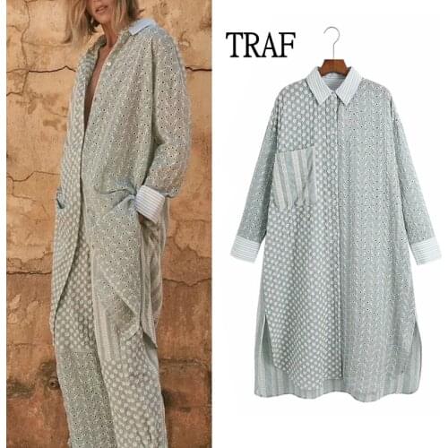 TRAF Blouses Za 2021 Women Hollow Embroidery Long Summer Shirt Elegant Plus Size Women Clothing Long Sleeve Top Irregular Hem