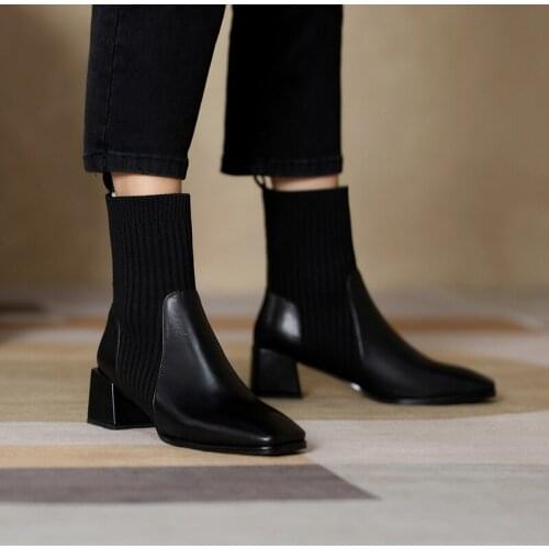 QZYERAI Autumn Ankle Boots for Ladies Size 34-43 Knitting Sock Boots Women Square Toe Black Brown Booties Slip Ons Shoes New