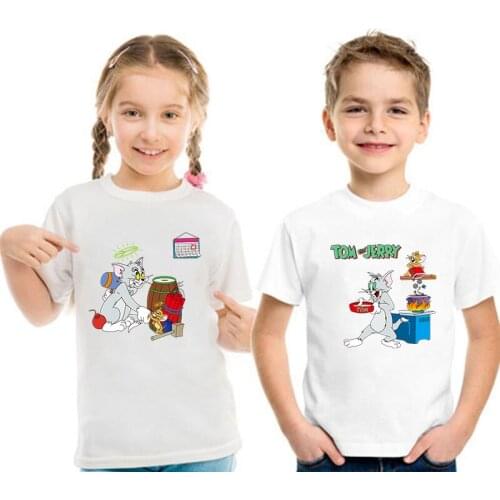 Baby Summer Short Sleeve White T-shirt Boys Girls New Cartoon Casual O-neck T Shirts Kids Tops Cat Mouse Tshirt Children Clothes
