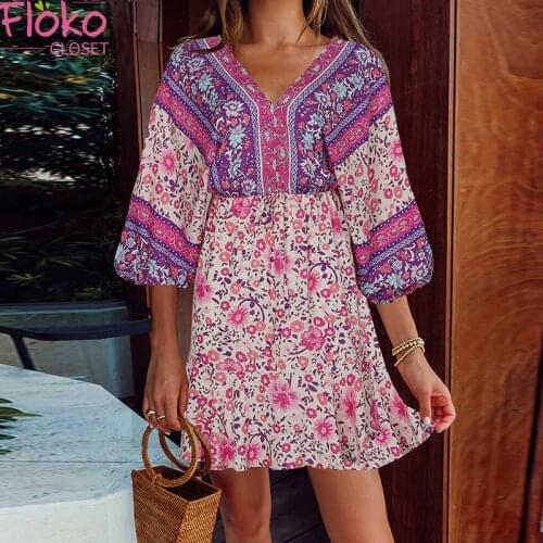 Flokocloset Summer 2021 V-neck Lace Up Floral Mini Dress for Women Party Bohemian Print A-LINE Sundress Boho Dress