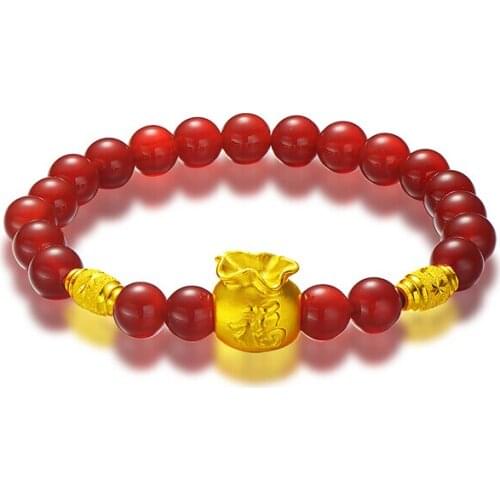 Hot sale 999 24K Yellow Gold 3D Bags Red Elastic Line Bracelet