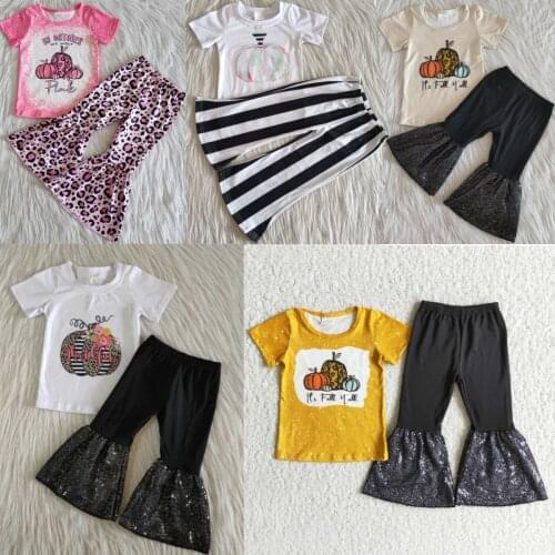 Hot Sale Kids Designer Clothes Girls Bell Bottom Outfits Fashion Pumpkin Design Baby Girls Clothing Sets Halloween Kids Clothing