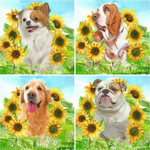 HUACAN 5D Diamond Painting Animal Full Drill Square Diamond Embroidery Dog Sunflower Home Decoration Diamond Art Paints