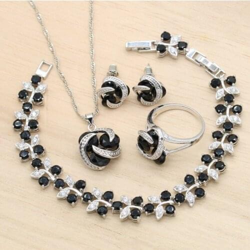 Classic Silver Color Jewelry Sets For Women Wedding Black Cubic Zircon Earrings Pendant Necklace Bracelet Ring Birthday Gift