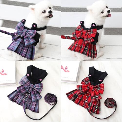 Plaid Bow Dog Collar Skirt With Breast Strap Traction Rope Princess Tutu Dress Skirt For Small Pet Cat Dog Harness Vest & Leash
