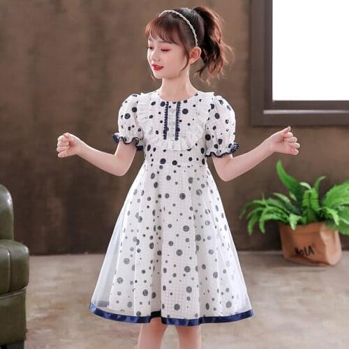 Girls Lace Print Dot Dress New Korean Teen Girls Puff Sleeve Dress Kids Birthday Wedding Party Costume Casual Streetwear Dress