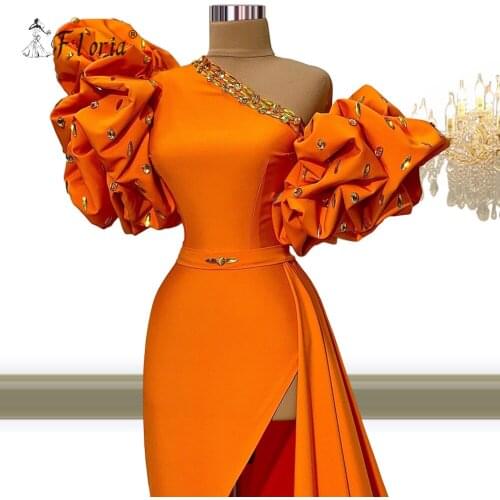 Summer Orange Beaded Evening Dress 2021 High Slit One Shoulder Prom Gown With SweepTrain Formal Party Gowns vestidos de noches