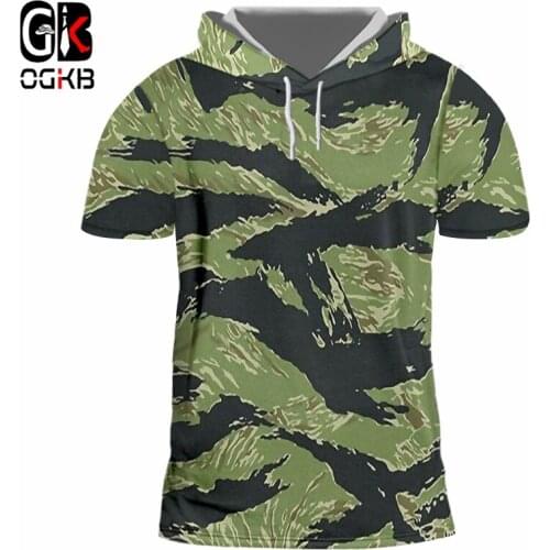 OGKB Dropshipping Mens Hooded Tshirt Cool Print Green Camouflage 3D Cap T-shirt Man Hiphop Short Sleeve Hoodies Pullovers