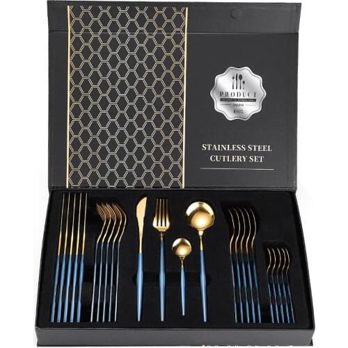 24pcs Gold Dinnerware Sets Stainless Steel Tableware Set Knife Fork Spoon Luxury Cutlery Flatware Dishwasher Safe Set Gift Box