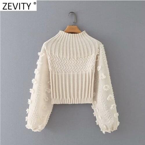 Zevity 2021 New Women Fashion Appliques Chiffon Lantern Sleeve Patchwork Short Knitting Sweater Ladies Chic Pullovers Tops S631